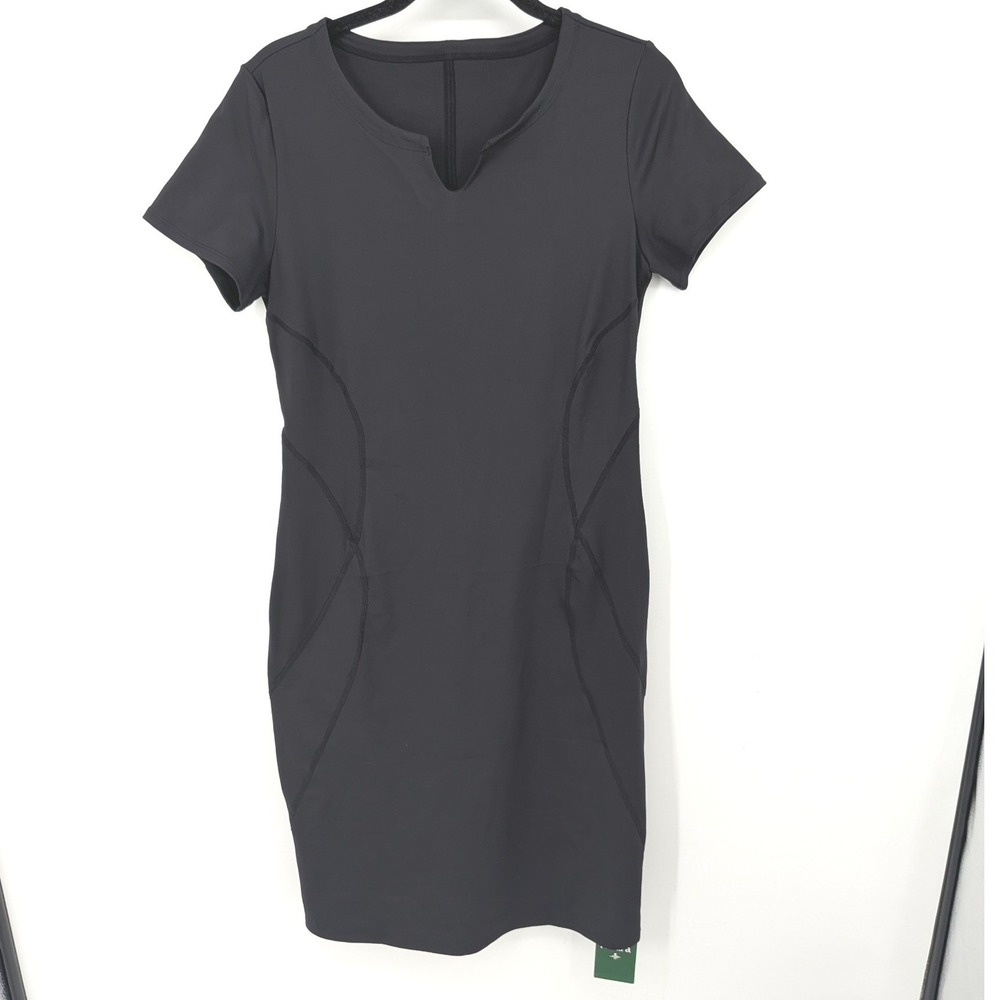 Halara Bodycon Dress Women Medium Black Athletic V Neck Short Sleeve Seamed